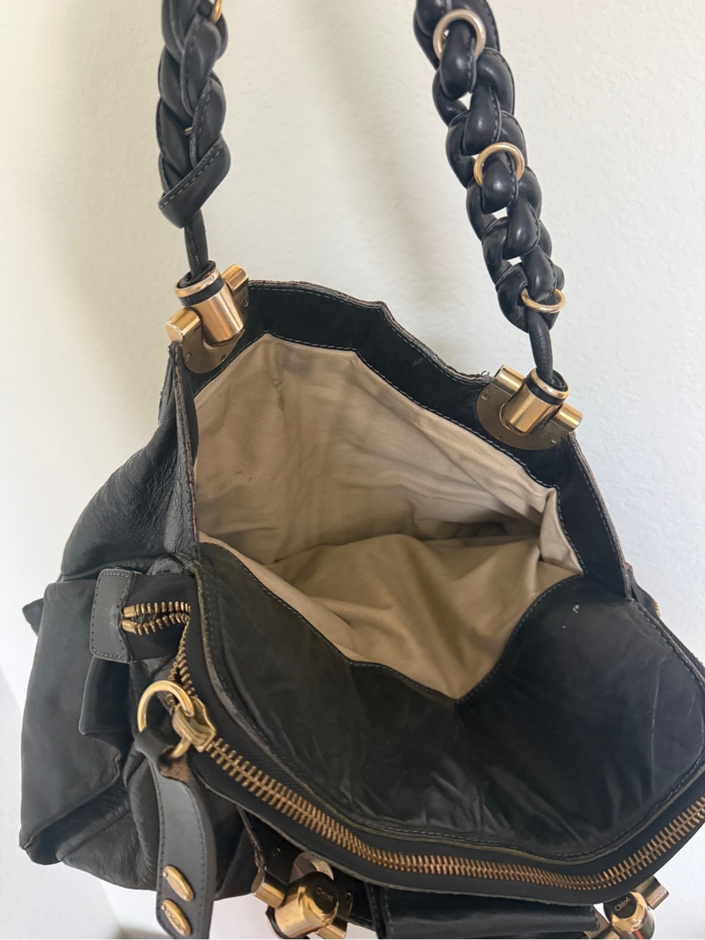 Authentic Vintage Chloe Black Leather Shoulder Hobo Bag with Braided Handles - Picture 6 of 8